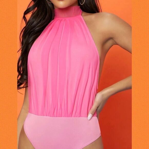 Barbiecore Ballet Pink Mock Neck Bow Tie Backless Mesh Sleeveless Bodysuit - Picture 9 of 13